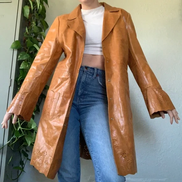 flower punch long leather jacket